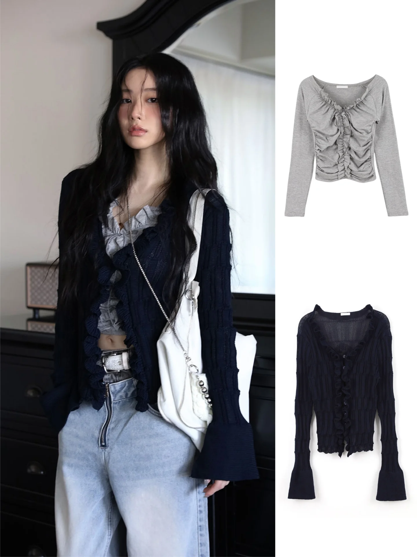 Korean Style Long Sleeve T-Shirt Knitted Cardigan Set Wood Grain  Pleated Slimming Versatile Top Soft V-neck Breathable