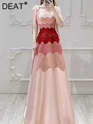 DEAT Elegant Dress Bowknot Slip Contrast Color Pearl Lace-up A-line Women's Evening Party Dresses 2024 Autumn New Tide 35Z1203