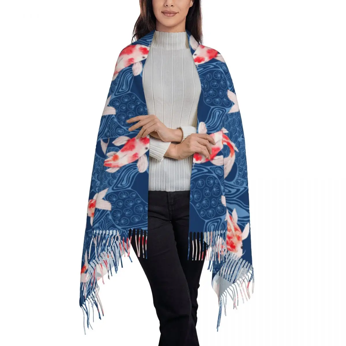 Poisson Koi d'interconnexion avec des vagues japonaises pour femmes, châle Pashmina, écharpe à franges, longue et grande écharpe