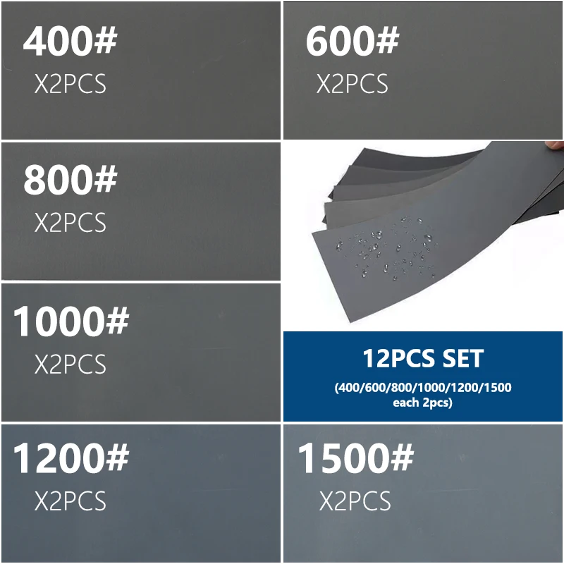 CMCP 12pcs Wet Dry Sandpaper 400 600 800 1000 1200 1500Grit Abrasive Paper Sheet For Automotive Sanding Wood Furniture Finishing
