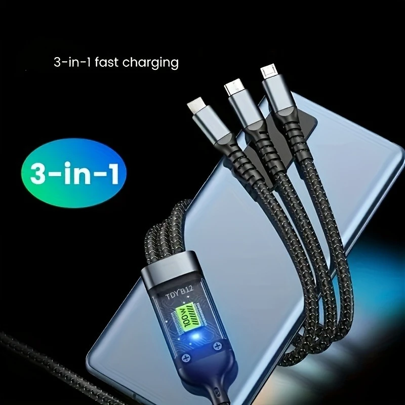 100W Max Multi Charging Cable 3In 1 Multi USB Charger Fast Charging Cable, Multi Charging Cable 3In 1 Multi Iphone Charger Cable Nylon Braided Mfi Universal USB Fast Charging Cord with Type-C/Usb C Micro Lightning for Phone Ipad Iphone