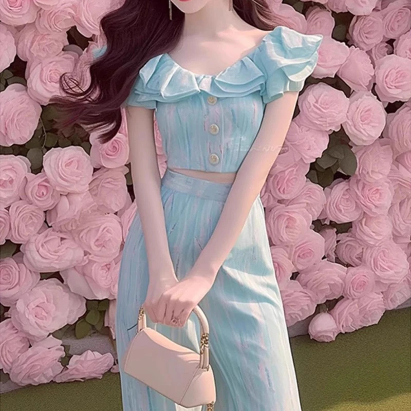 

Sweet and Fresh Temperament Blue Feifei Sleeve Top Trousers Two-piece Suit Women's Fashion Commuter Summer Suit