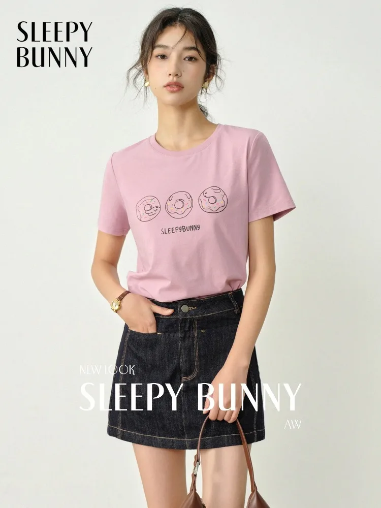 Playful Cute Casual Printed Short Sleeve T Shirt Summer Crewneck Straight Shoulder Youthful Slimming Graphic Tee Top for Women