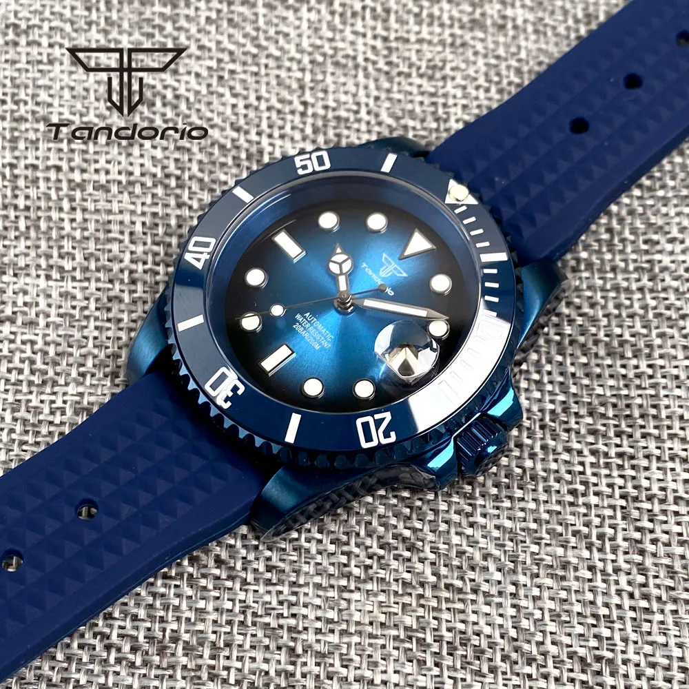 Imagem -05 - Relógio de Mergulho Automático Masculino Tandorio Caixa com Revestimento Azul Mostrador em Sol Cristal de Safira Data Moldura 120 Cliques Nh35a 20bar 40 mm