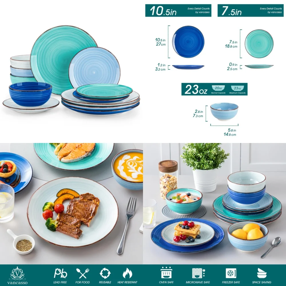 طقم أدوات مائدة سيراميك طقم أواني طعام أنيق مكون من 12 قطعة من الخزف الحجري الأزرق لـ 4 تصميمات حديثة مرسومة يدويًا #1