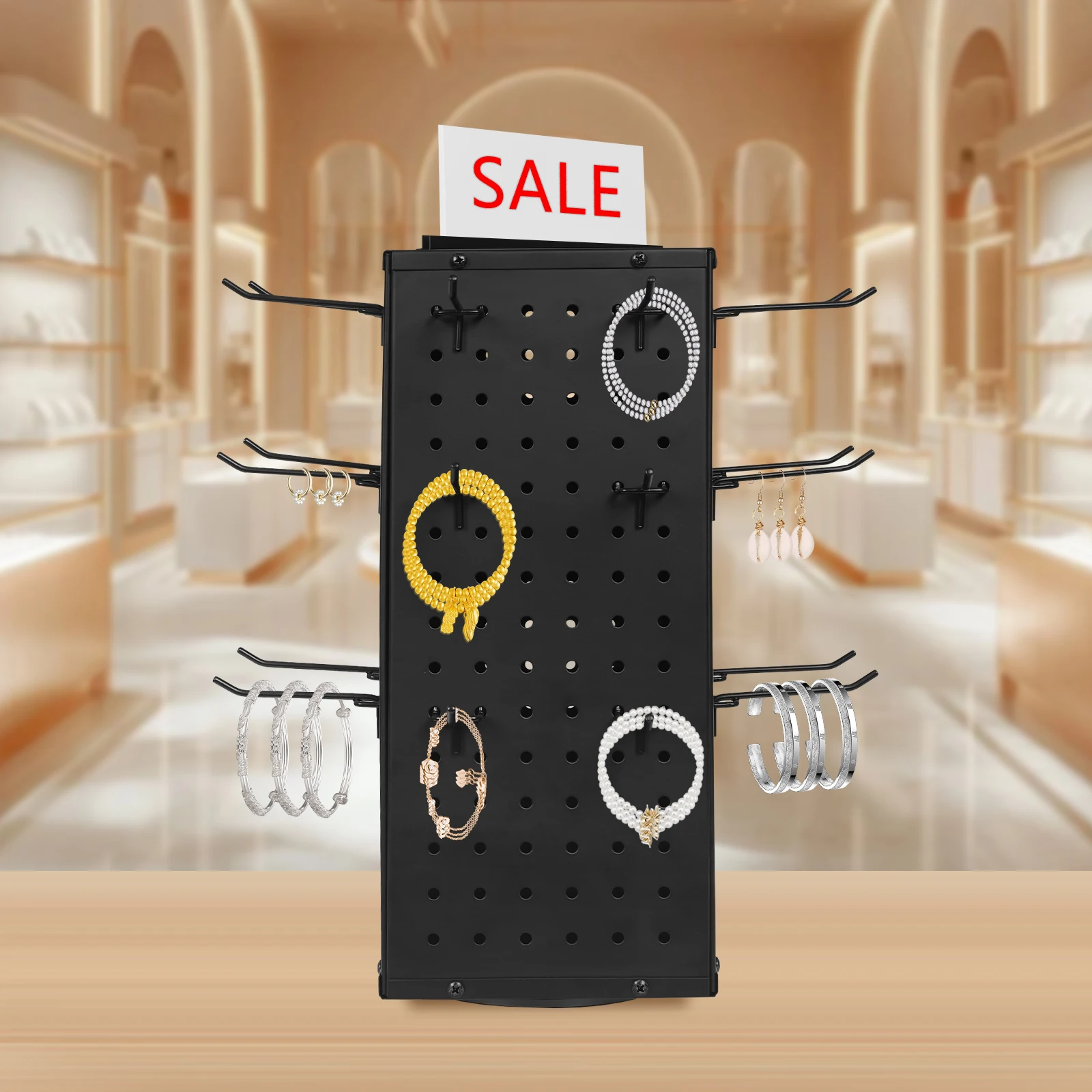 

Black Steel 19x19x43cm Four-way Rotating Hole Plate with 24 Hook Display Stand Rotatable Jewelry Display Stand