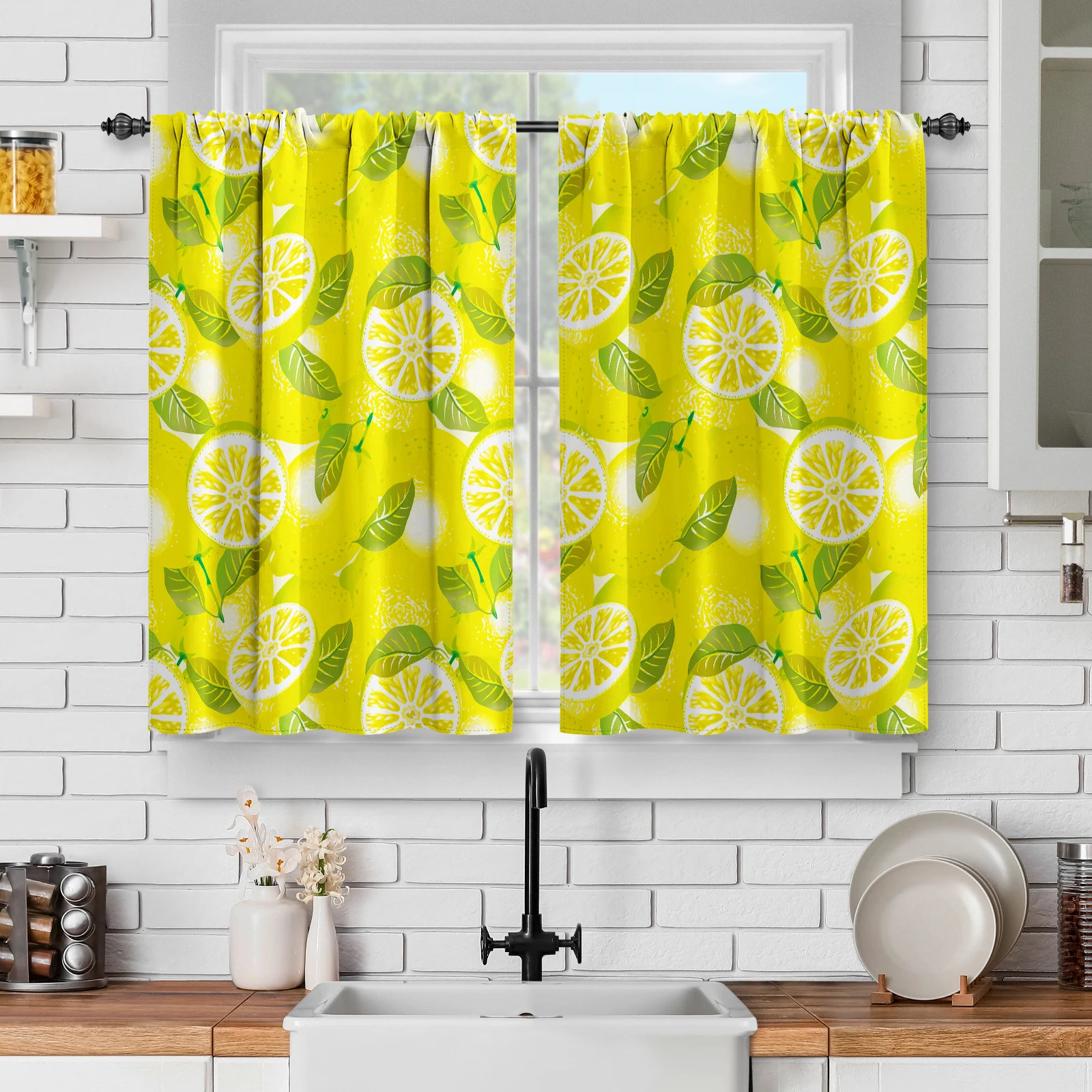 

2 Panels Lemon Kitchen Curtains,Yellow Lemon Slices with Leaves Short Cafe Curtain Decor Tier Rod Pocket Window Drapes,Christmas