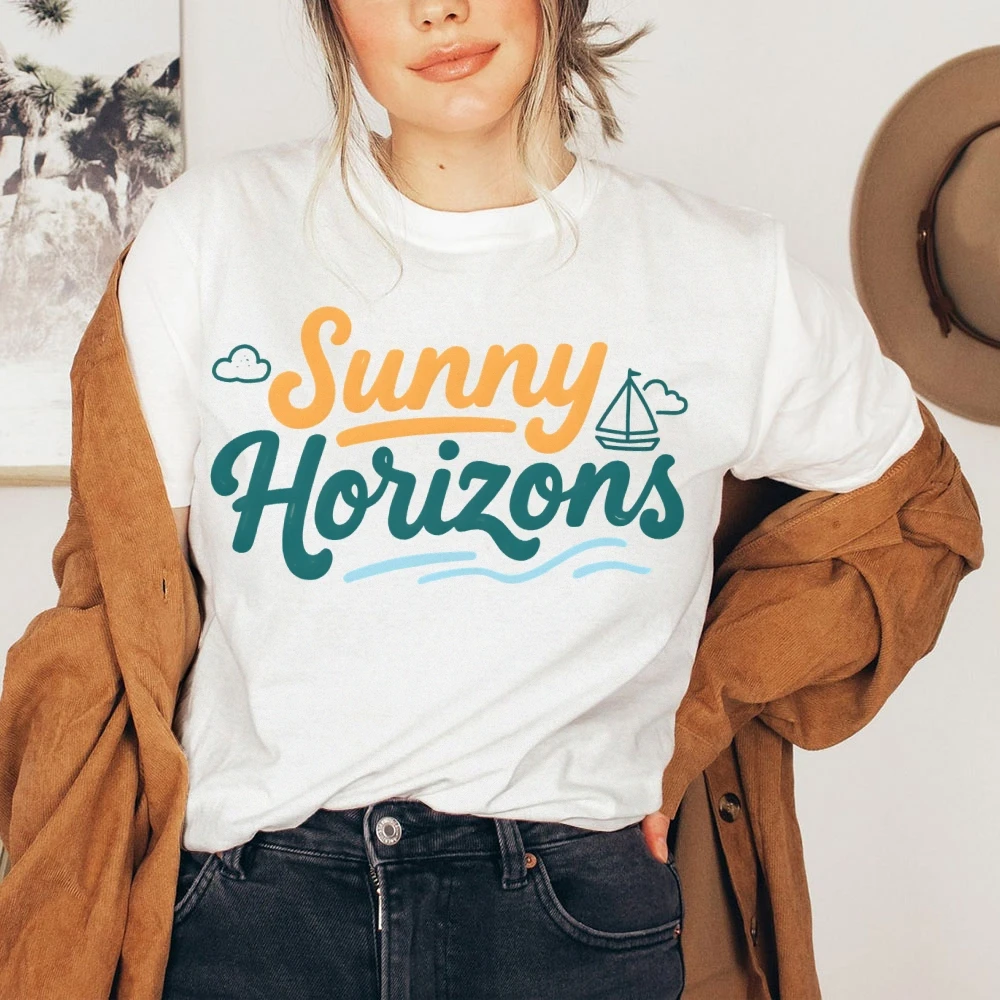 

Sunny Horizon Cute Letters Print Y2K Women‘s Clothes Cotton Casual T-Shirt Crew Neck Graphic Tees Street Wear Colorful