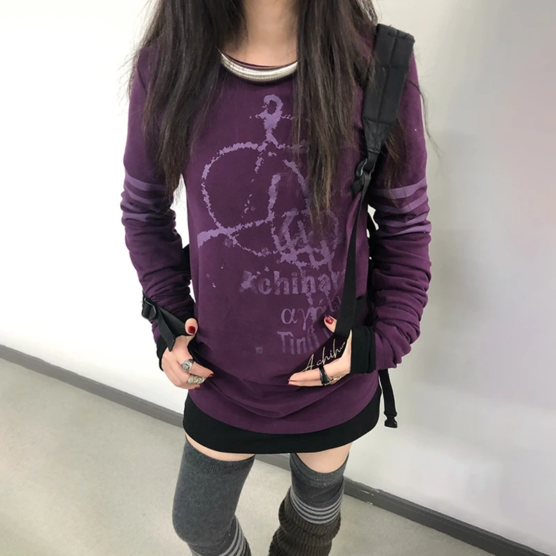 Karrram Japanese Y2k Letter Print T-shirt Grunge 2000s Style Long T Shirt Vintage Harajuku Long Sleeve Purple Top American Retro image 2