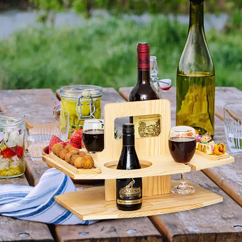 Portable Wooden Picnic Table Carry Handle Outdoor Folding Wine Table Removable Wine Glass Holder Folding Low Table Snack Tray