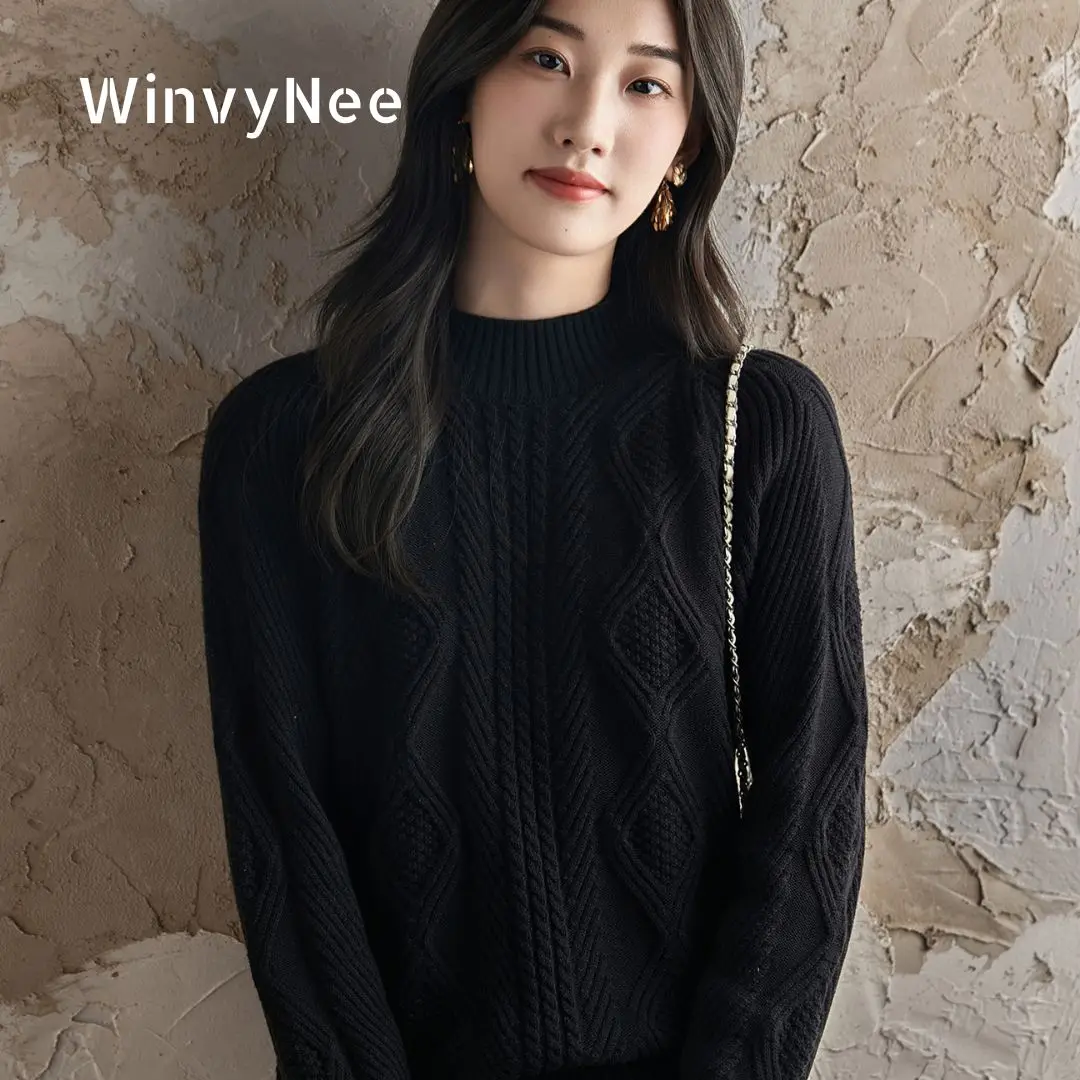 

WinvyNee Women's Pure Cotton 7-Pin Rhombus Thickened Half Turtleneck Extra Long Sleeve Solid Cute Warm Casual Pullovers A1092038
