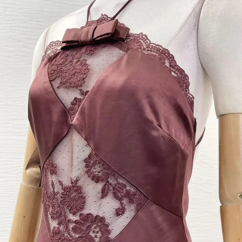 Robe de cocktail dos nu en satin marron pour femme, robe en fibre de dentelle, patchwork, dos nu, soirée maxi, vacances, nouveau, 2024