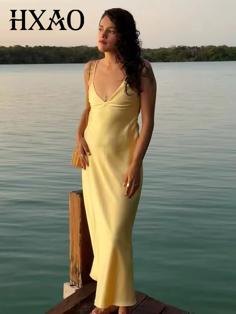HXAO femmes robe jaune Slip Satin robes longues été 2025 femme Sexy Midi col en V profond dos nu robe robe robes de soirée