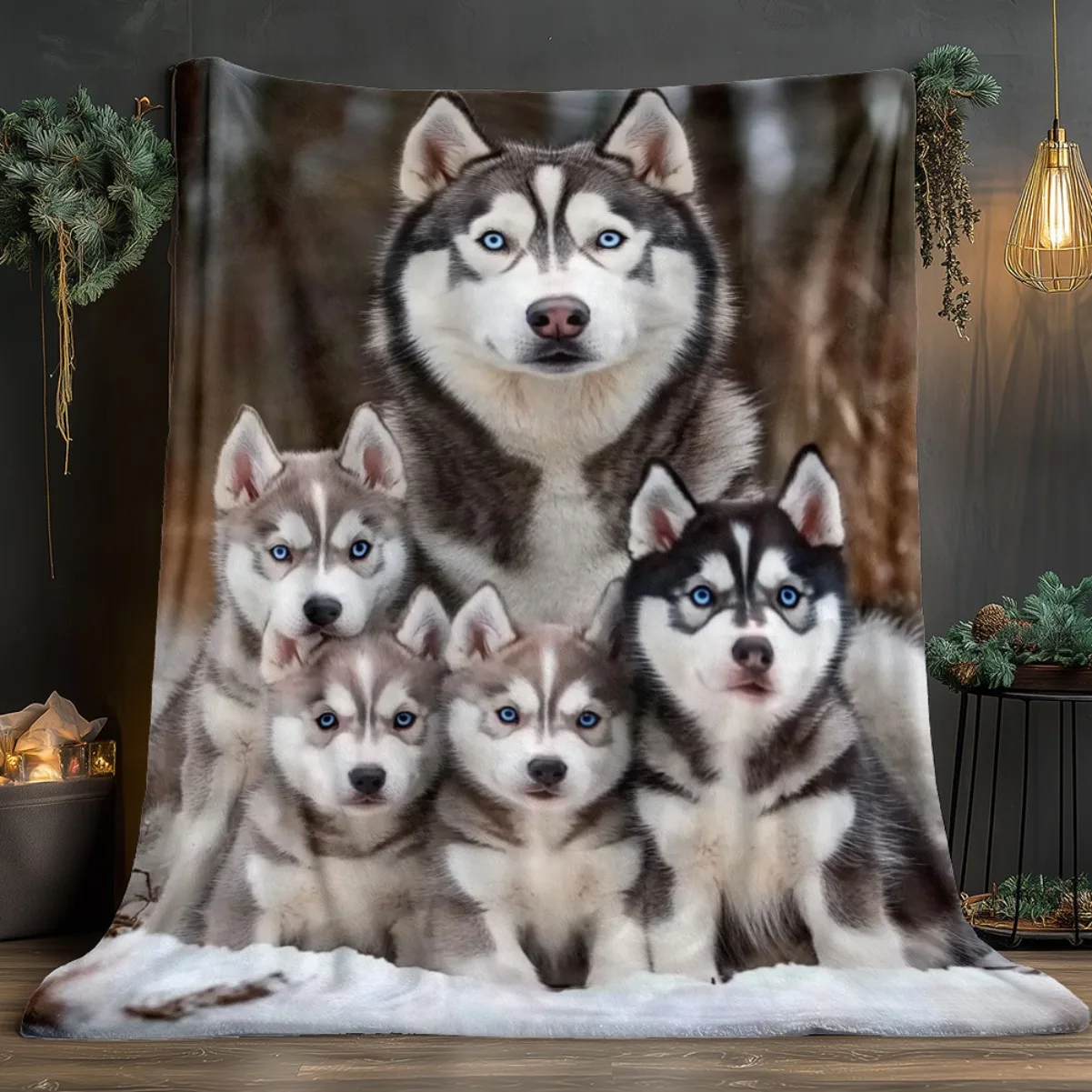 Husky Family Chiffon Blanket, Lightweight Portable Throw for Travel, Soft Warm Winter Design, All Season Cozy Home Decor