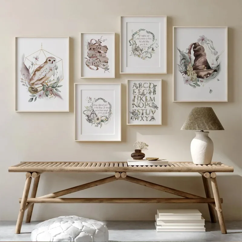 Magical Wizard School Poster Neutral Floral Watercolour Whimsical Nursery Canvas Painting Set Bedroom Decorative Wall Art