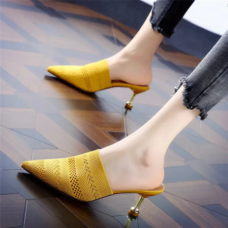 Knit Mesh Breathable Slippers High Heels Mules Women 2022Summer Shoes Pointed Toe Party Ladies Shoes Pantuflas De Mujer Zapatos