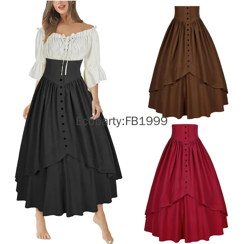 

Vintage Renaissance Pleated Maxi Corset Button Skirt Women A Line Costume Victoria High Waist Gown Big Swing Floor Ruffle Skirt
