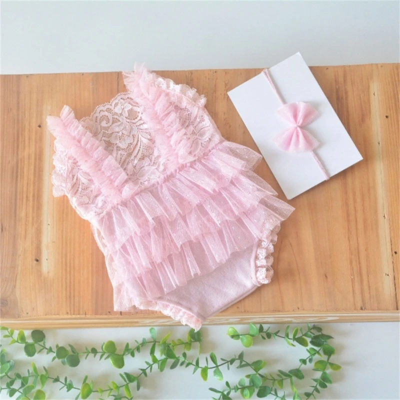 New Cute Lace Baby Girl Romper Baby Studio Photo Shooting Outfit Jumpsuit+Lace Headband Newborn Photography Props Clothes