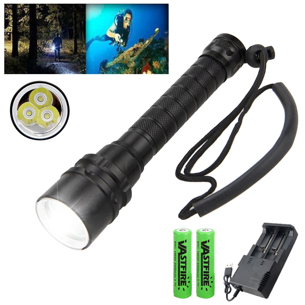 Underwater 100 Meter Diving Flashlight White/UV Light LED Diving Torch Powered by 2 pcs 18650 Battery with Hand Rope