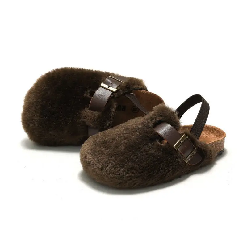 Neue Winter kinder Kork Plüsch Hausschuhe Baby Jungen Mädchen Oberbekleidung Wildleder Kaninchen Plüsch Hausschuhe Warme Sandalen Kinder Baumwolle Sandalen