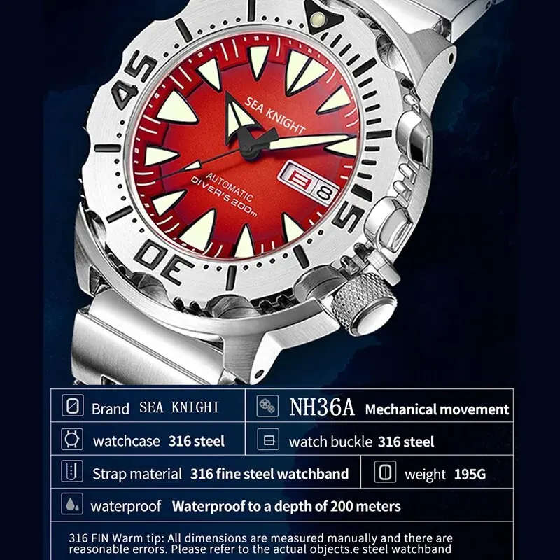 SEA KNIGHT Monster V2 Men Diver Watch Sapphire 200M Waterproof Red Dial Stainless Steel NH36 Automatic Mechanical Wristwatch