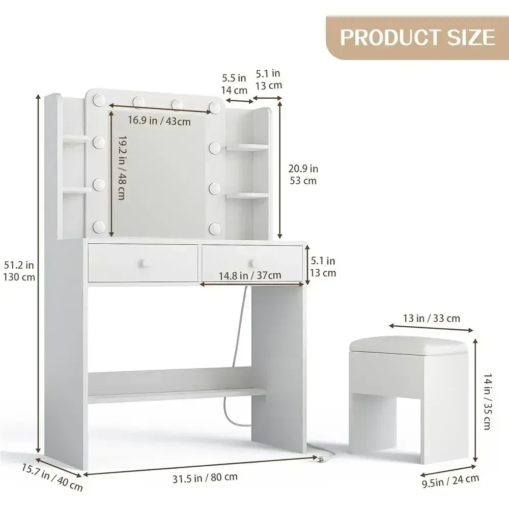 Illuminated Makeup Vanity Desk with Mirror, Power Outlet, 10 Bulbs, 3 Light Modes, Storage Shelves, Chair Included, White