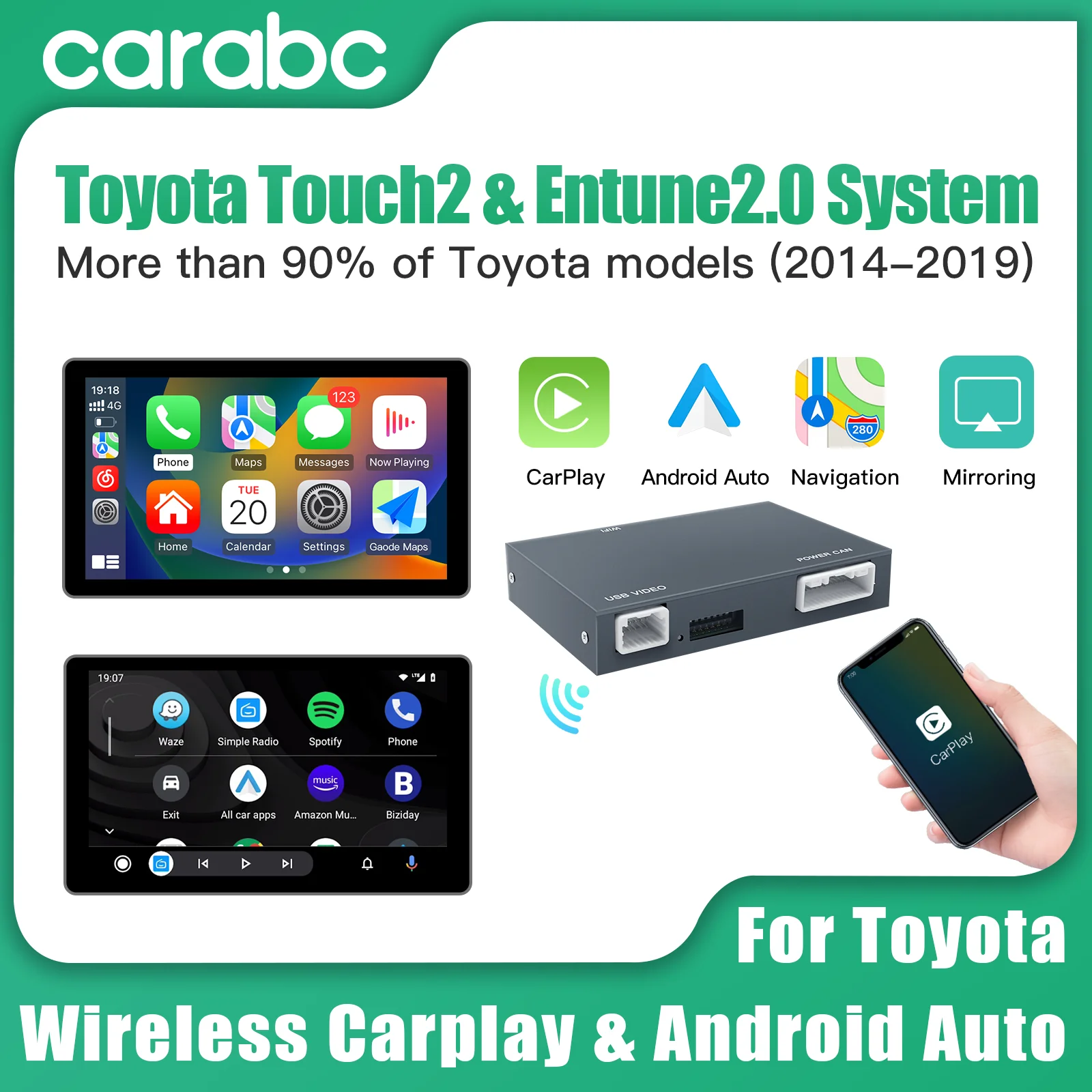 CARABC Wireless Carplay Android Auto For TOYOTA Camry CHR RAV4 Corolla Tacoma Tundra Highlander Prius 4Runner Yaris Module