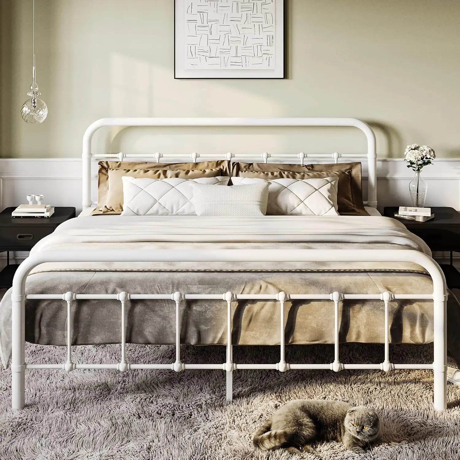 Bed Frame Metal Platform Bed with Vintage Style Headboard and Footboard, Heavy Duty Mattress Foundation