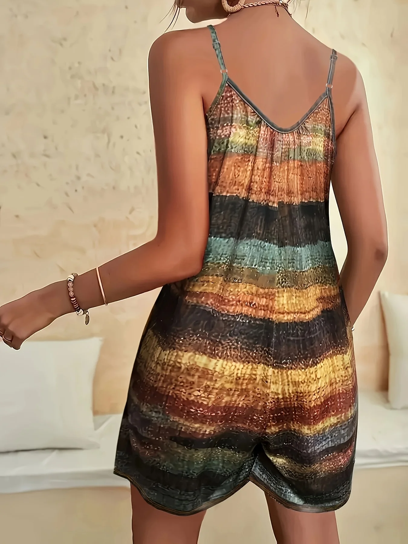European and American style retro gradient striped camisole jumpsuit, loose casual vacation style sleeveless jumpsuit