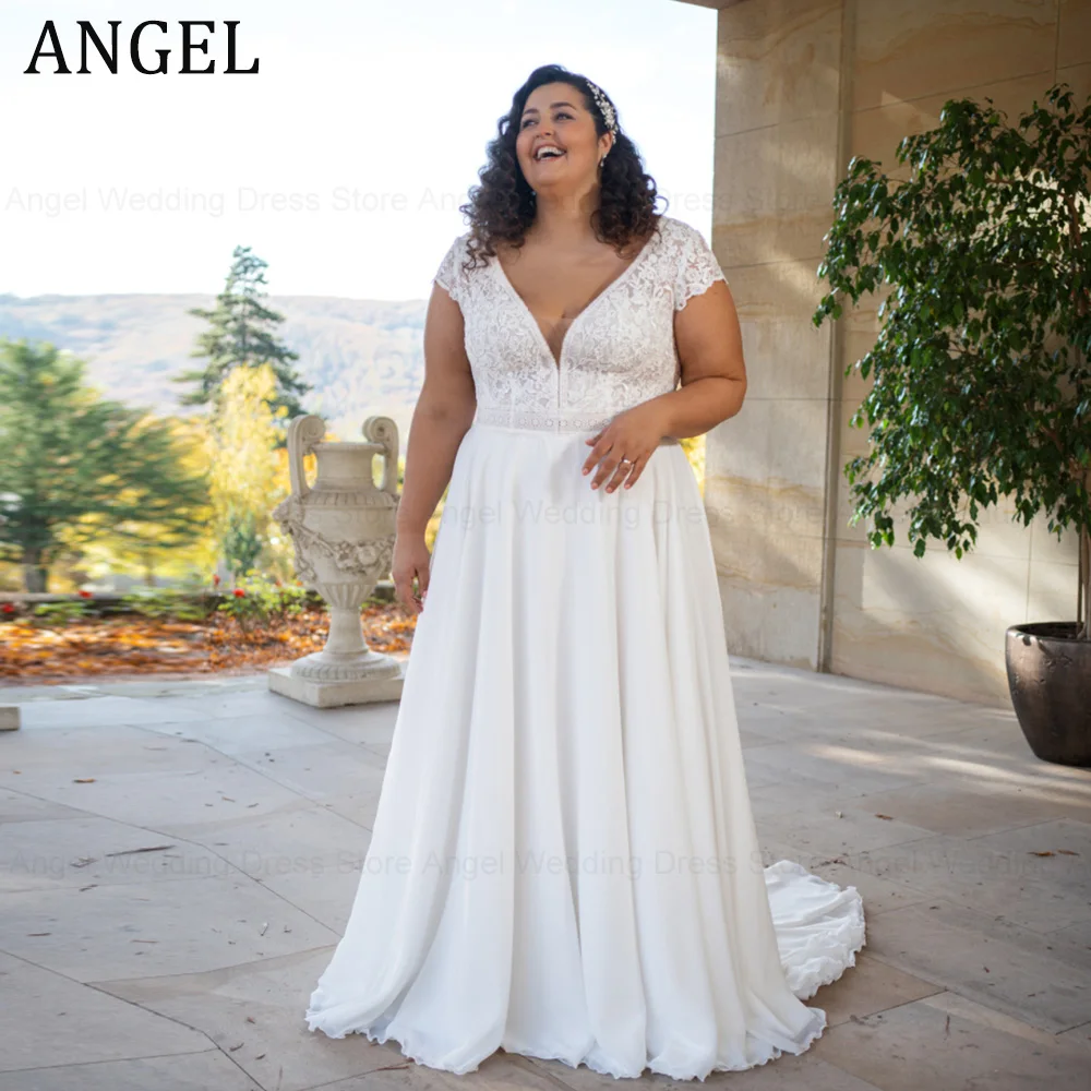 ANGEL-Robe de Mariée en Mousseline de Soie, Ligne A, Grande Taille, Double Col en V, Dentelle, Manches Courtes, Sur Mesure