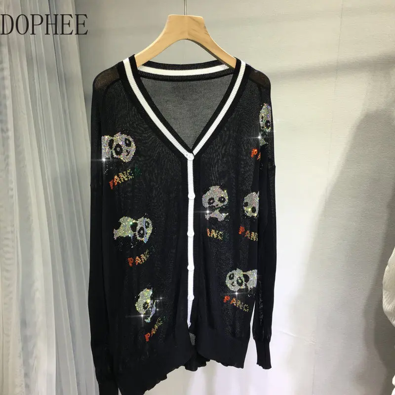 

High Quality Panda Hot Drilling Sunscreen Clothing Ice Silk Long Sleeve Knitting Cardigans Top Summer V-neck Loose Black Shirts