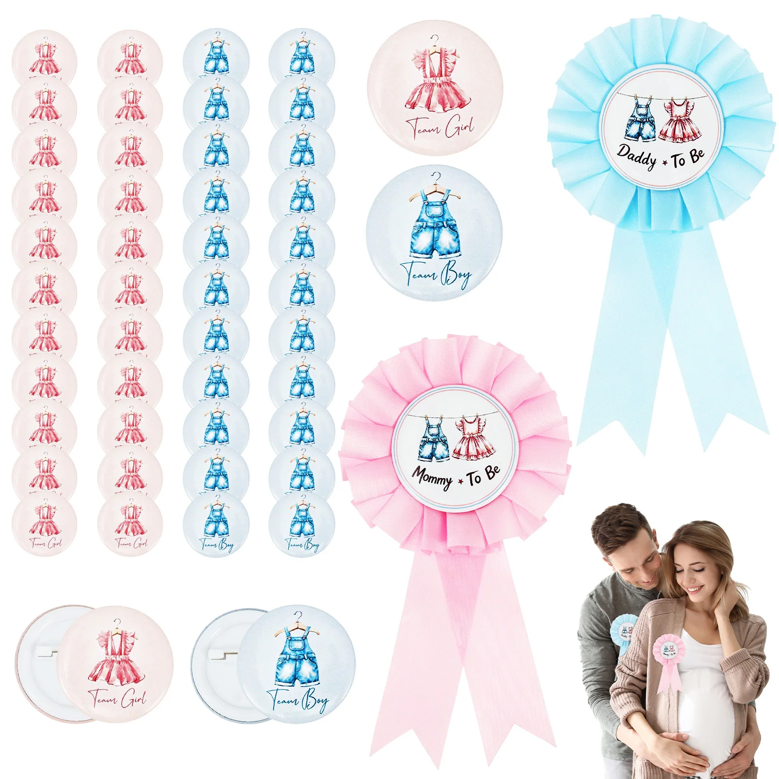 52Pcs Gender Reveal Party Pin Badge Set Boy Girl Pin with Rosette Badge Gender Reveal Pin Badge Baby Shower Pin Badge Dress Pin
