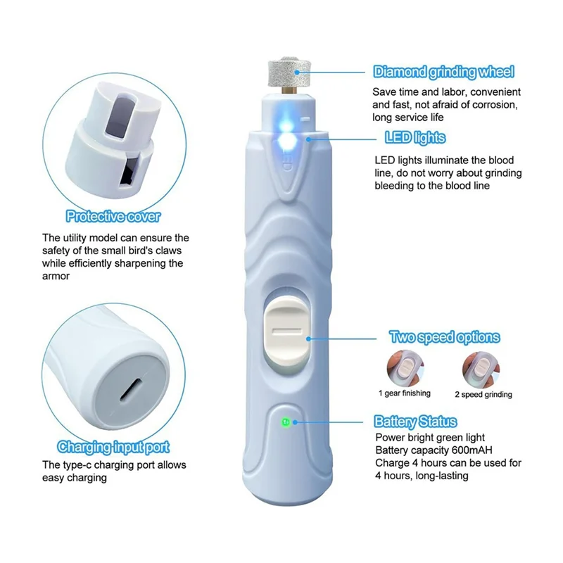 ELEG-Bird Nail Grinder Bird Beak Grinder Silenced Parrots Nail File With LED Lamp Bird Supplies Suitable For Budgerigars