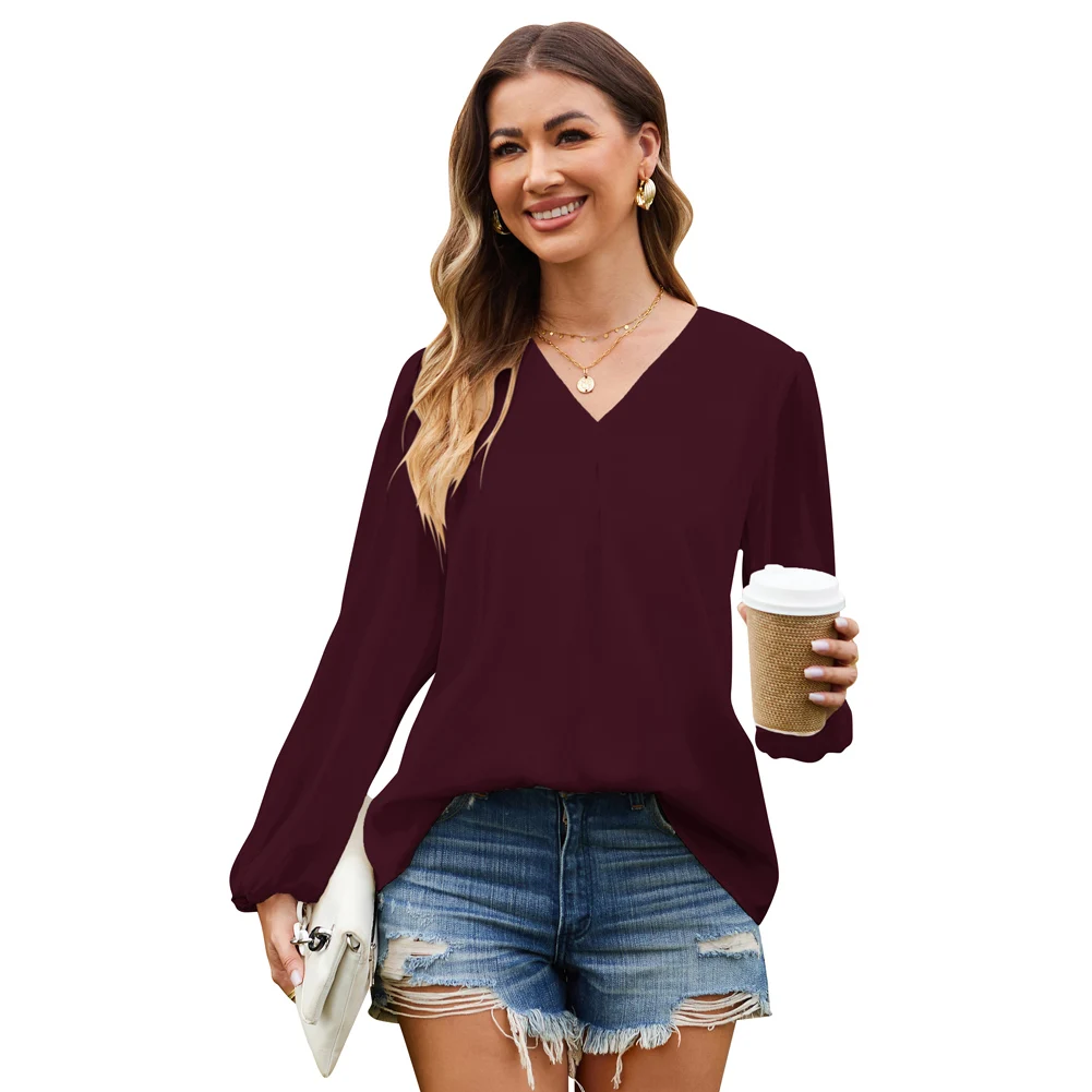 GK Women Blouse Fashion Loose Fit Contrast Fabric Blouses Spring And Autumn Long Sleeve V-Neck Pullover Tops Blusa Feminina