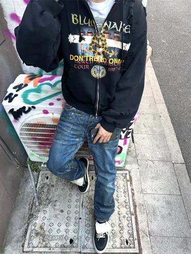 Imagen 2 del producto Otoño/Invierno Grayz High Street Vintage Snake Year edición limitada banda impresa cremallera Sudadera con capucha suelta Casual algodón moda Hip Hop