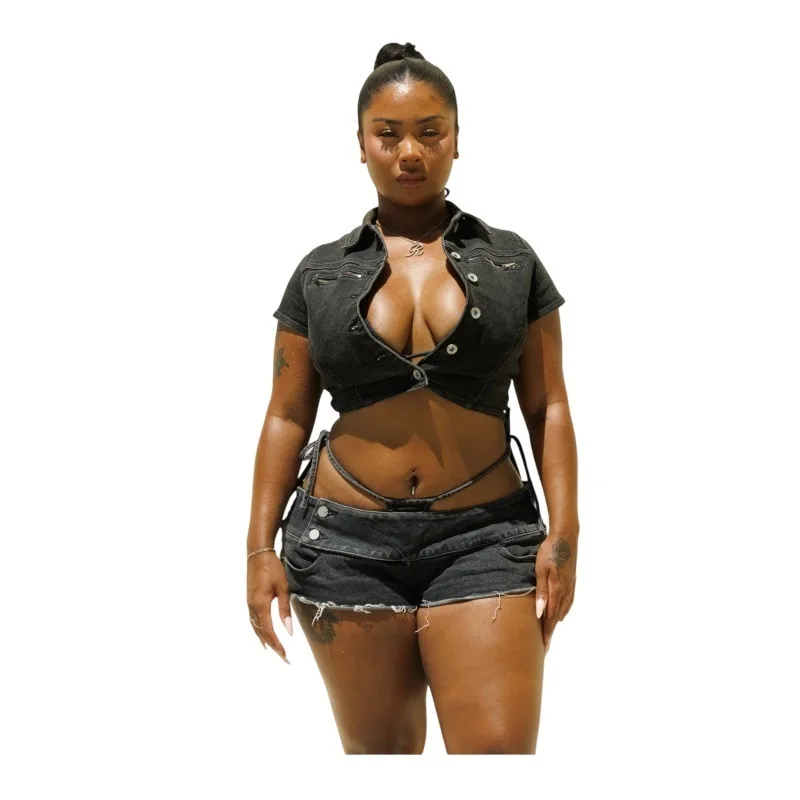 

Women Stretch Denim 2 Piece Set Lapel Collar Short Sleeve Single Breasted Jackets Crop Tops + Lace Up Hollow Shorts Jeans Suits