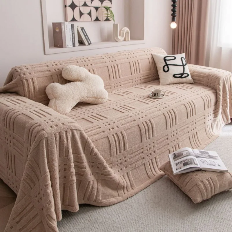 Fleece Warm Plush Sofa Towel Geometric Lines Jacquard Mordern Simple Pattern Multiuse Sofa Cover Blanket for Living Room