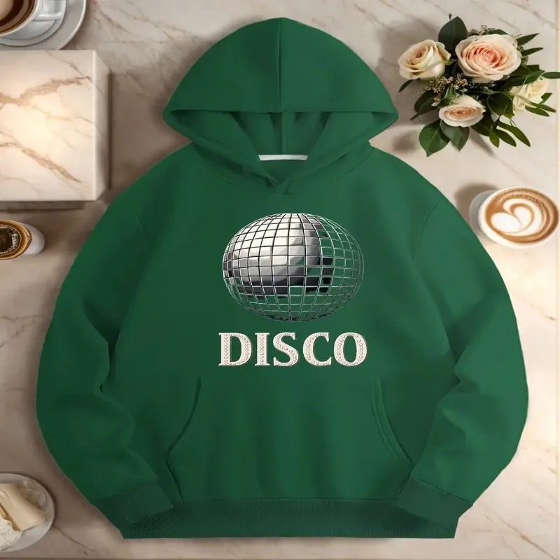 

Winter Autumn Women Sweatshirt Clothes Plus Size Oversize Female Disco Ball White Studded Text Round Neck Street Style Trendy