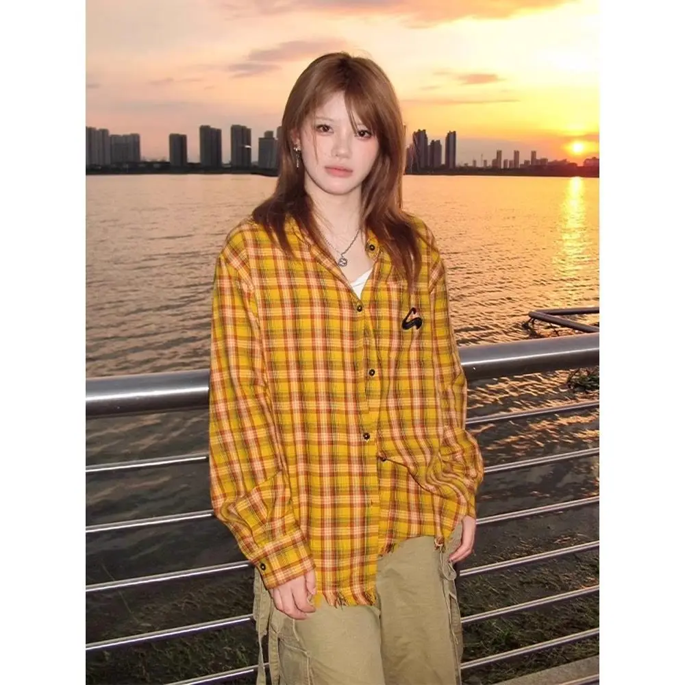 

Желтая клетчатая свободная длинная све irt American Sle в стиле ретро, защита от солнца, универсальная повседневная верхняя одежда, женская Faion irt