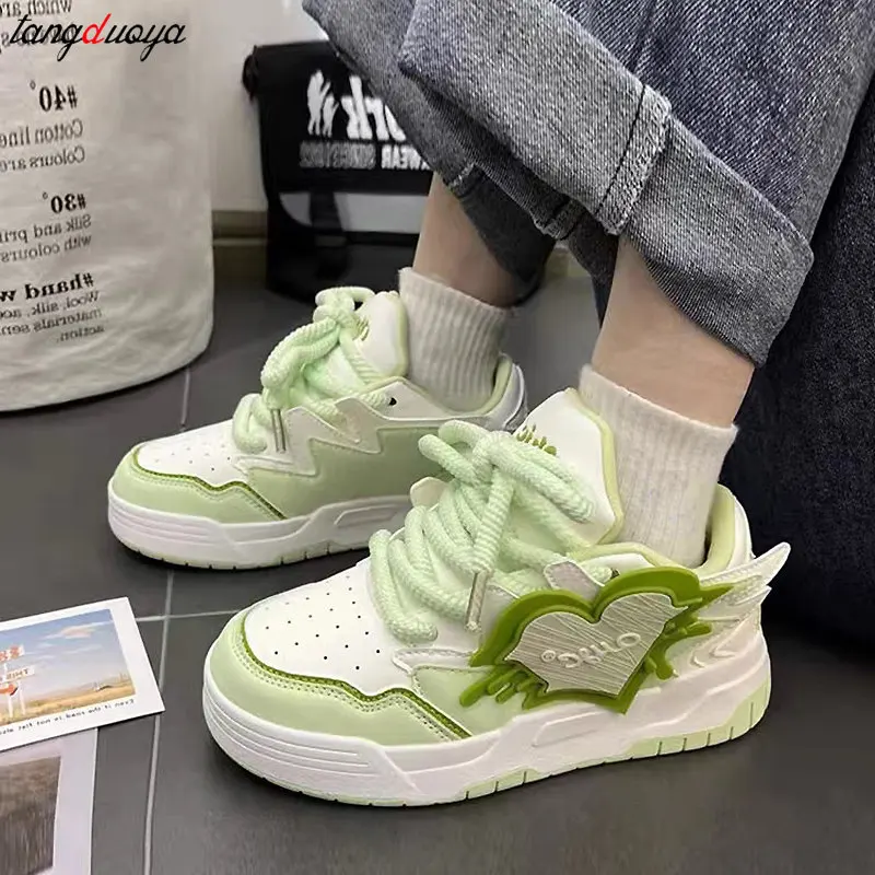 Women\'s Chunky Sneakers Thick Bottom Platform Vulcanize Shoes Harajuku Wind Green Casual Walking Shoe Woman Lolita Sneakers