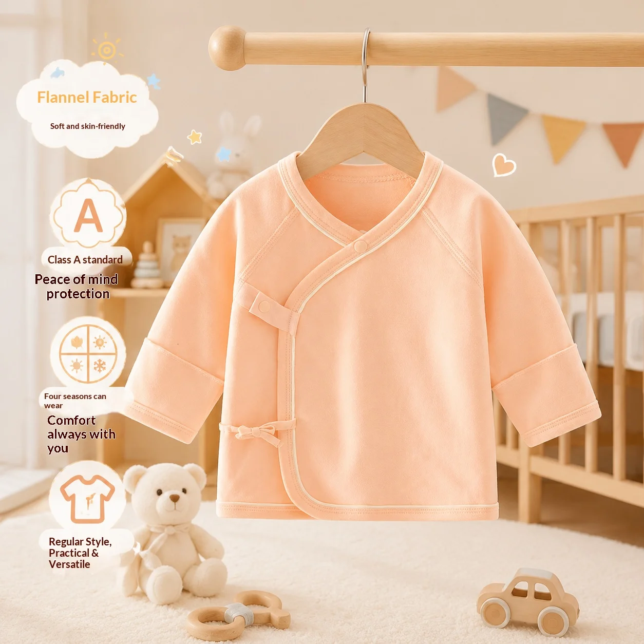 A Class Pure Cotton Newborn Half Back Undershirt Four Seasons Regular Long Sleeve Kimono Top Side Opening Tie Knot Design Soft S