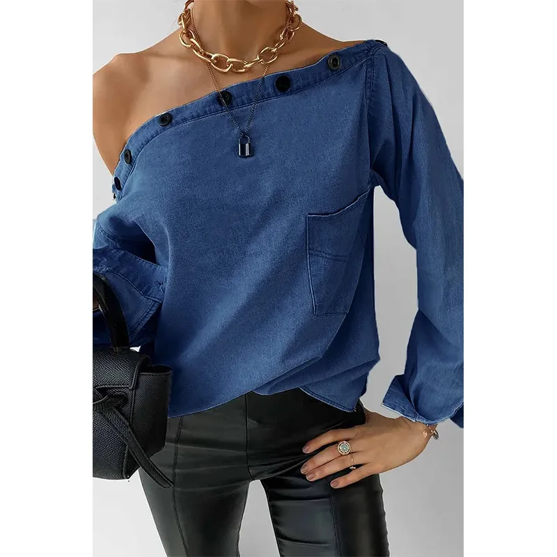 Korean Style Blouses for Women Spring Long Sleeve Irregularly Collared Women Tops Button Drop Shoulder Blouse Lady Blouse Women