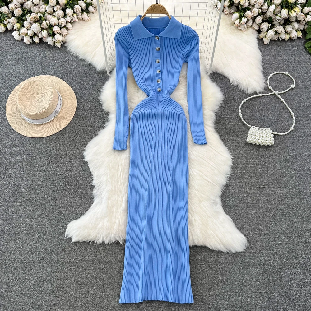 REALEFT Herfst Winter Polo Kraag vrouwen Gebreide Jurken 2024 Nieuwe Solid Koreaanse Lange Mouw Elegante Bodycon Wrap Jurk Vrouwelijke