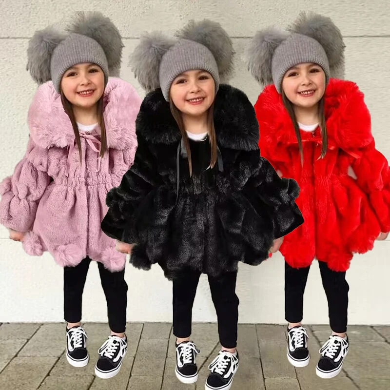 

Children's clothing girl jacket 2025 winter children's clothing girl fur lapel solid color warm and thickened cotton jacket