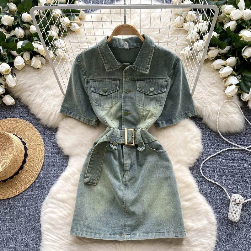 

Autumn High-quality Pure Cotton Retro Spicy Girl Style Denim Dress for Women with Waist Cinching Slim Fashion Denim Short Skirt