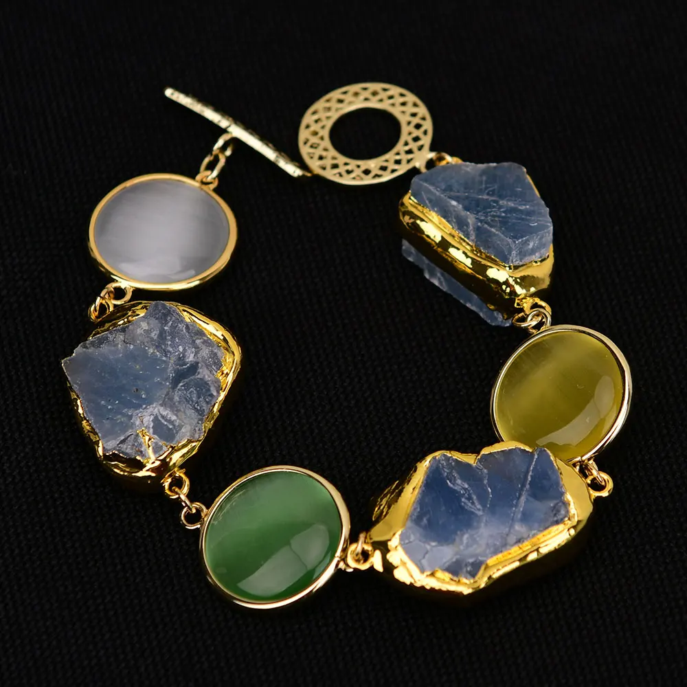 G-G Natural Blue Iolite Cordierite Stone Mix Color Cat eye Coin Beads Bracelet