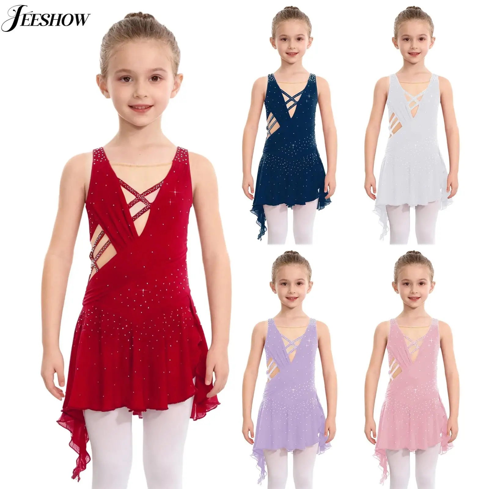 

Детский лирический танцевальный костюм для девочек, прозрачное сетчатое лоскутное платье с нерегулярным подолом и боковыми разрезами, платье-купальник для фигурного катания