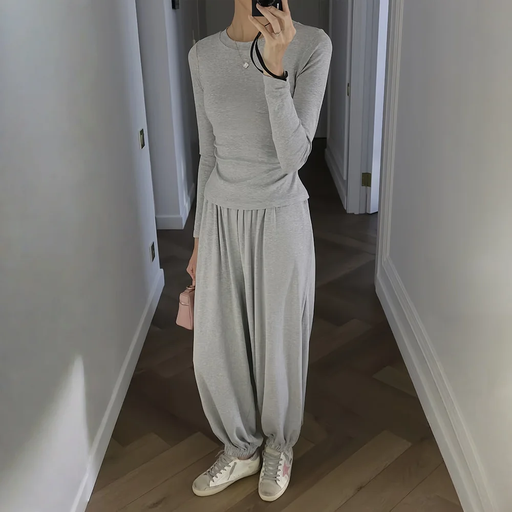 

Absobe Women 2025 Autumn New 2 Piece Set O-Neck Long Sleeve Top High Waist Lantern Jogger Pants Solid Casual Streetwear Outfit