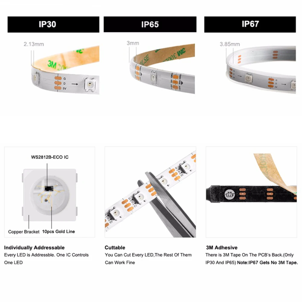 WS2812B LED Strip Light WS2812 RGB IC Individually Addressable 30 60 100 144 Pixels LEDs/m TV Backlight Black White PCB ECO DC5V