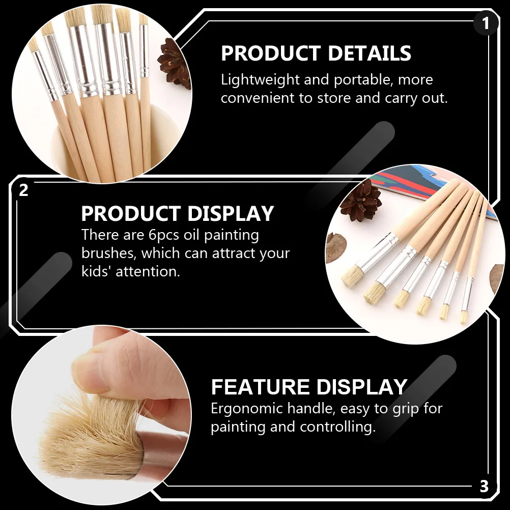 

6Pcs Gouache Watercolor Oil Painting Brushes Ergonomic Wood Handle for Preschool Kindergarten Artists DIY Graffiti Wall Art